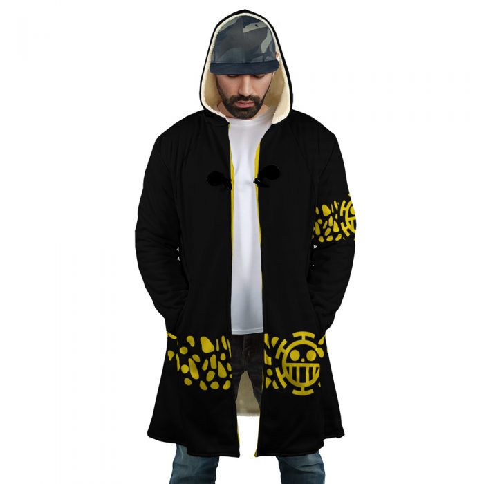 Black Trafalgar Law One Piece AOP Hooded Cloak Coat FRONT Mockup - One Piece Store