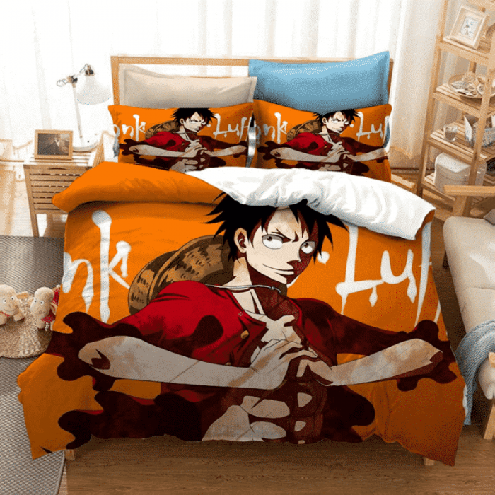 One Piece Monkey D. Luffy Cracking Joints Orange Bedding Set - One Piece Store