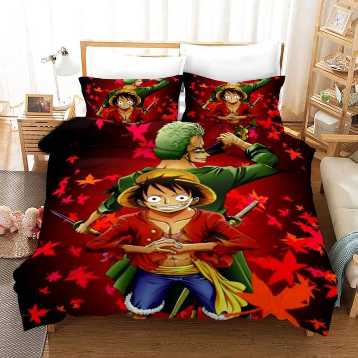 One Piece Red Maple Leaves Luffy And Zoro Bedding Set - One Piece Store